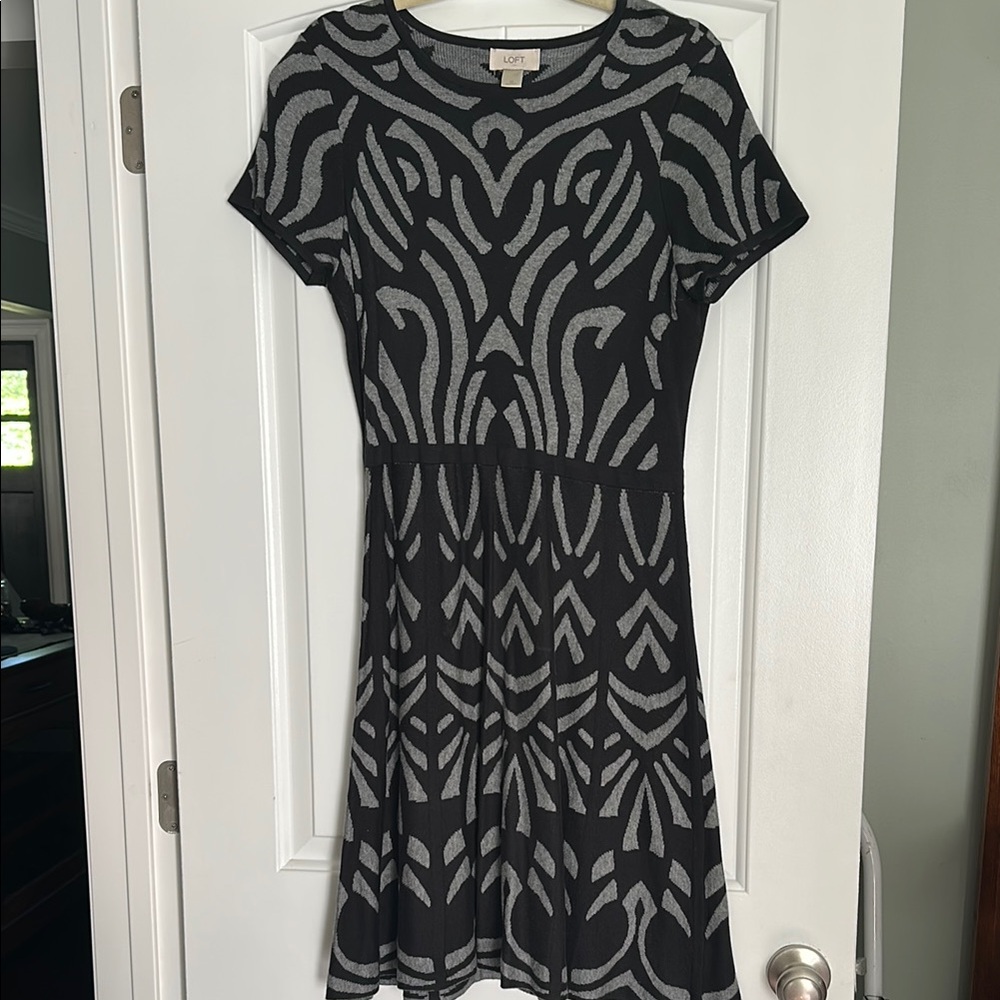 LOFT Black and Gray Fit and Flare Mini Dress